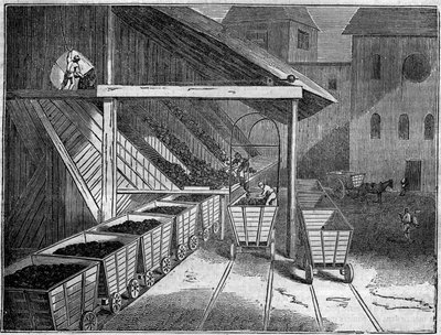 Kohlenmine: Kohle, die aus der Mine gewonnen wird, wird auf Karren zu Gießereien, Zügen und Schiffen verladen. In „Der malerische Laden“ 1835 von Unknown artist