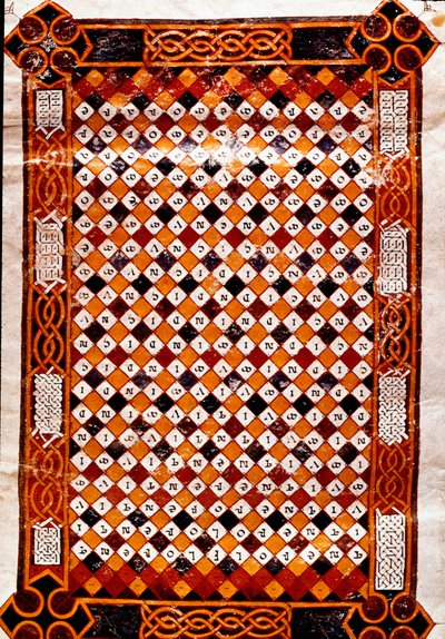 Gedenklabyrinth Seite bedeckt mit einem digitalen Labyrinth. Miniatur von Florentius aus dem Manuskript „Moralia in Job“ der Abtei Valeranica (San Pedro de Berlanga in Kastilien) mit Kommentaren von Papst Gregor I. (540-604), 9. Jahrhundert. Madrid, Nation von Unknown artist