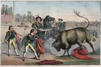Corrida in Spanien: der Picador - Stier, der einen Picador angreift - Gravur aus „Usi e Costumi di Tutti i Popoli dell