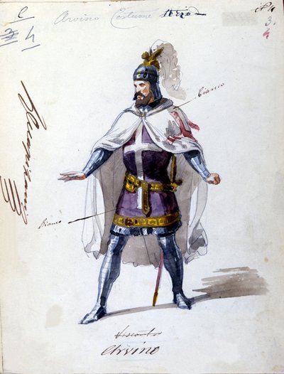 Kostüm für die Oper „I Lombardi“ oder „Die Lombarden auf dem ersten Kreuzzug“ komponiert von Giuseppe Verdi (1813-1901) im Jahr 1843. Anonyme Aquarellzeichnung. Alvino-Charakter für die Aufführung an der Scala in Mailand von Unknown artist