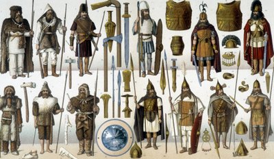 Kostüme, Rüstungen und Waffen barbarischer Krieger von Unknown artist