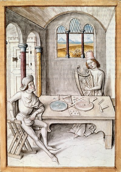 Handwerk: Harfenbauer. Eine Instrumentenwerkstatt. Miniatur aus einem Manuskript von „Die Fabeln von Bidpai“ von Unknown artist