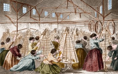 Krinolinenfabriken: Reifen legen. Gravur von 1865. von Unknown artist