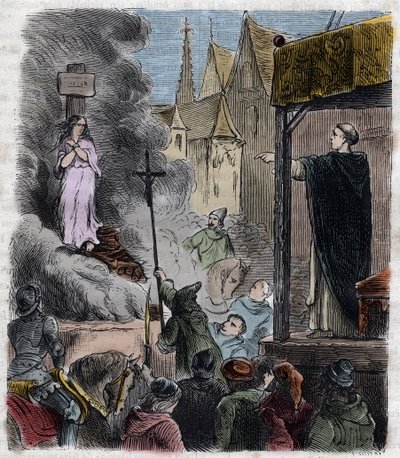 Kreuzzug gegen die Albigenser - Ketzer lebendig verbrannt: Katharer auf dem Scheiterhaufen zur Zeit des Kreuzzugs gegen die Albigenser in Frankreich im 13. Jahrhundert - Gravur von 1879 in „Histoire des sociétés secrètes, politiques et religieuses“ von Pie von Unknown artist