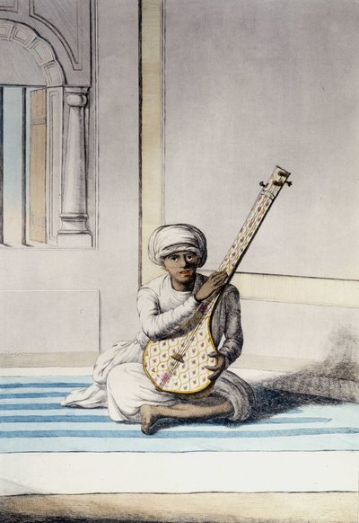 Kultur, Zivilisation und indische Gesellschaft: Musiker spielt Thambourah (Tamboura), traditionelles Instrument Indiens. Gravur 1808 von Unknown artist