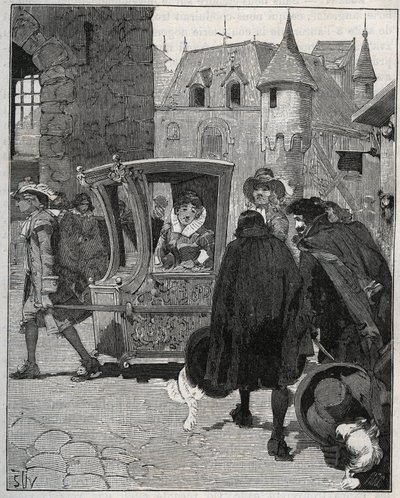 Besteck: Schiffer umringen den Stuhl von Marie de Rabutin-Chantal, Marquise de Sevigne, um ihm beim Eintreffen in Nogent (Haute Marne) im Jahr 1675 Messer zu verkaufen. Gravur von 1885 in „Les arts et metiers illustres“ von Unknown artist