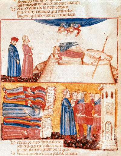 Dante und Virgil treffen die Seelen der gewaltsam Verstorbenen. Illustrierte Seite aus einem Gesang des Antipurgatoriums aus der „Göttlichen Komödie“ von Dante Alighieri von Unknown artist