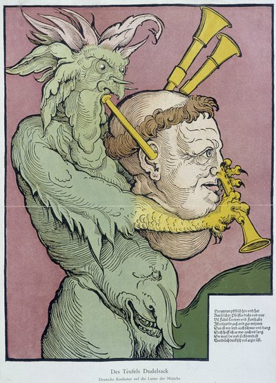 Teufel spielt Dudelsack mit einem Mönchskopf - Gravur von Unknown artist