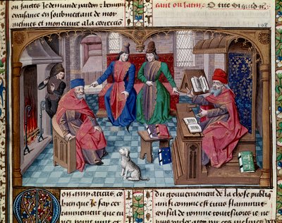 Dialog zwischen Tulle, Atticus, Scipio dem Afrikaner und Lelius, römischer Konsul. Miniatur aus „Über das Alter“ von Cicero von Unknown artist