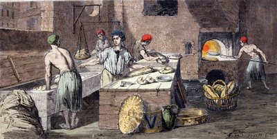 Verschiedene Tätigkeiten von Bäckern: das Kneten des Brotteigs, die Vorbereitung der Laibe, das Backen. Gravur aus dem 19. Jahrhundert von Unknown artist