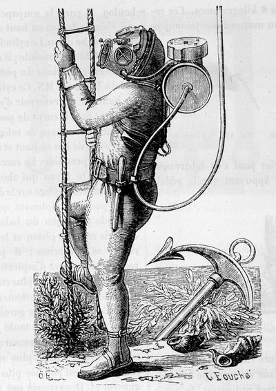 Taucher mit Gummibekleidung und Regulatortank - in „Die Wunder der Wissenschaft“ von Louis Figuier von Unknown artist
