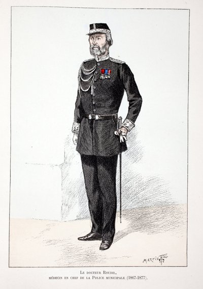 Dr. Roudil, leitender Arzt der städtischen Polizei (1867-1877). Farbradierung zur Illustration „Histoire du corps des gardiens de la paix“ Buch veröffentlicht unter der Schirmherrschaft von Louis Lepine (1846-1933) Polizeipräfekt der Seine, von Alfred Rey  von Unknown artist