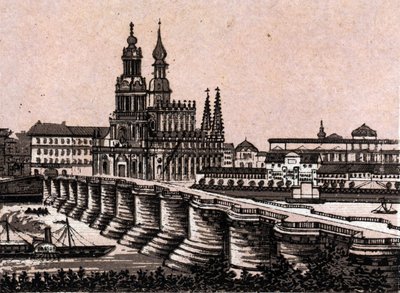 Dresden, Deutschland: Blick auf die Augustusbrücke in „Die Welt illustriert 168 Ansichten“ (Ende des 19. Jahrhunderts) von Unknown artist