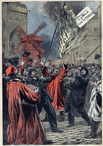 Dreyfus-Affäre - Paris - 1898: antisemitische Demonstration in Montmartre. Eine Effigie von Martin Dreyfus, Alfreds Bruder, wird auf dem Platz verbrannt, mit einem Schild um den Hals: „Dreyfus hat den Galgen. Es lebe Frankreich!“ Illustration in „Le Peleri von Unknown artist