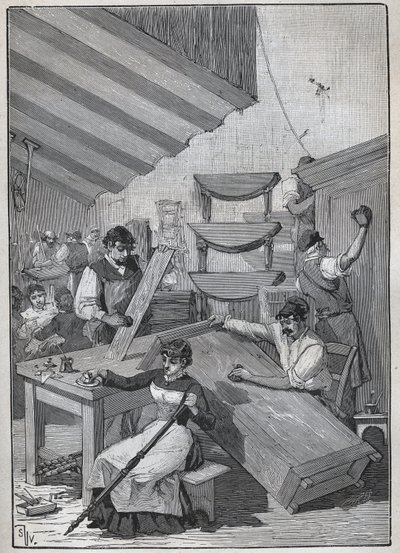 Ebenisterie: Stempel-Lackierwerkstatt. Gravur von 1885 in „Les arts et métiers illustrés“ von Adolphe Bitard. von Unknown artist