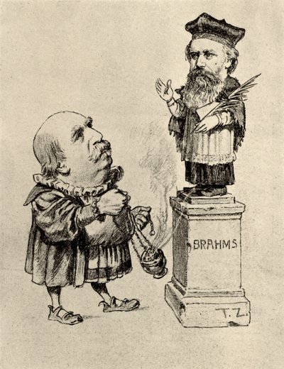 Eduard Hanslick (1825-1904) österreichischer Musikkritiker, Brahms auf einem Sockel verehrend von Unknown artist