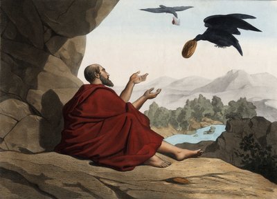 Elia, versteckt am Bach Kerith, wird von den Raben gefüttert. Anonyme Gravur aus der Mitte des 19. Jahrhunderts von Unknown artist