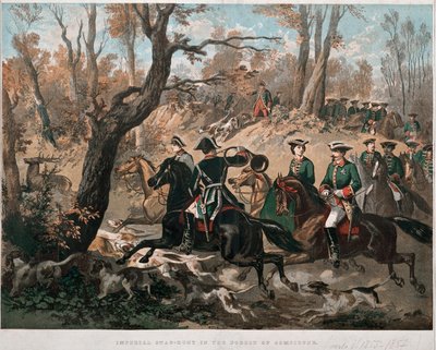 Kaiser Napoleon III (1808-1873) und seine Frau Eugenia de Montijo (1826-1920) spazieren durch den Wald von Compiegne. Farblithographie um 1855. Mailand, Museo del Risorgimento von Unknown artist