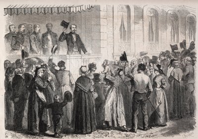 Kaiser Napoleon III. auf der Terrasse der Villa von Strauss in Vichy, begrüßt vom Volk am 7. Juli 1861 - Gravur in „The Illustrous World“ von Unknown artist