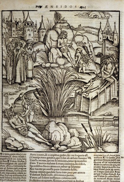 Eneide von Virgil (70 v. Chr.-19 v. Chr.), Buch XII, der trojanische Held Eneas wird von Venus wundersam geheilt und beschließt, die Stadt Latinus zu stürmen. Der König von Latium stirbt (rechts) und Eneas wird König, indem er die Tochter des verstorbenen  von Unknown artist