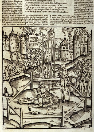 Eneide von Virgil (70 v. Chr.-19 v. Chr.), Buch XII, der trojanische Held Äneas tötet Turnus im Kampf unter den Augen der Latiner und Rutuler. Holzschnitt von Sebastian Brant (1458-1521). Straßburg von Unknown artist