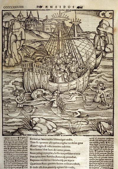Eneide von Virgil (70 v. Chr.-19 v. Chr.), die trojanischen Helden Eneas und seine Gefährten überqueren ein Meer voller Sirenen. Holzschnitt von Sebastian Brant. Straßburg von Unknown artist