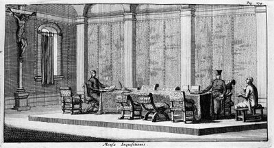 Gravur, die ein Verhör im Tribunal der Inquisition darstellt. 17. Jahrhundert von Unknown artist