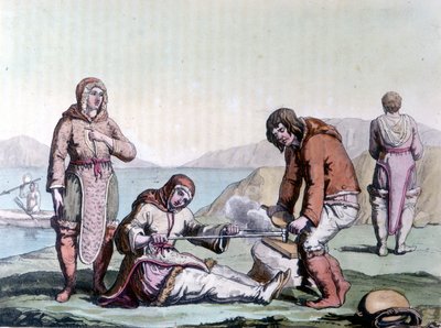 Eskimos machen Feuer, indem sie Holzstücke aneinander reiben. von Unknown artist