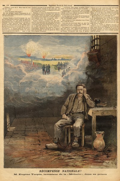 Eugene Turpin (1848-1927) Chemiker, Erfinder von Melinit (einem Sprengstoff) im Jahr 1884, in seiner Zelle, fälschlicherweise beschuldigt, seine Erfindung an den Feind verkauft zu haben. Er inspirierte Jules Verne für die Figur des Thomas Roch im Roman „Fa von Unknown artist