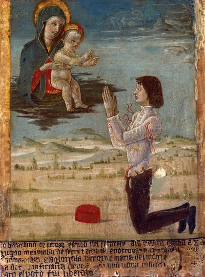 Ex-Voto, das Madonna und Kind mit einem knienden betenden Mann darstellt, Abtei St. Maria del Monte, Cesena, Emilia-Romagna, Italien von Unknown artist