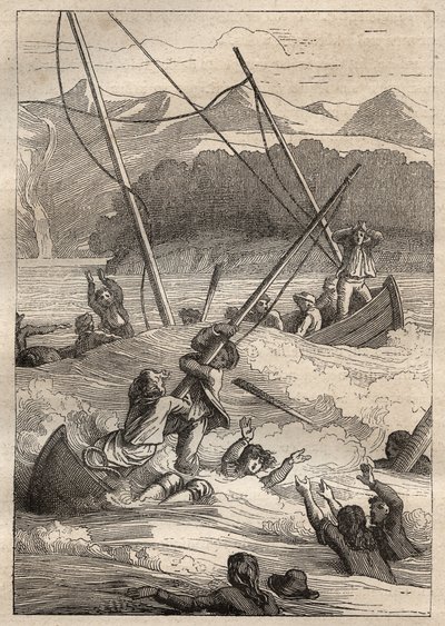 Expedition um die Welt (1785-1788) von Jean Francois Galaup de La Perouse (1741-1788): Schiffbruch der Boote im Hafen der Franzosen (Alaska) - Illustration aus „Die großen Seefahrer des 18. Jahrhunderts“ von Unknown artist