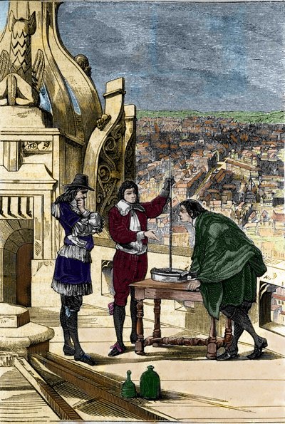 Experiment von Blaise Pascal mit einem Quecksilberbarometer auf dem Turm Saint Jacques la Boucherie in Paris von Unknown artist