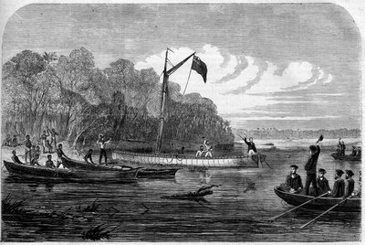 Erkundung des Journalisten Henry Morton Stanley (1841-1904) auf der Suche nach Dr. David Livingstone (1813-1873), einem britischen Arzt und Entdecker im südlichen Afrika. Gravur in „Das Illustrierte Universum“ von Unknown artist