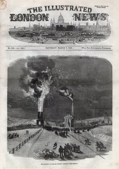 Explosion im Kohlebergwerk Lund Hill in Barnsley, England. Gravur in „The Illustrated London News“ vom 7. März von Unknown artist