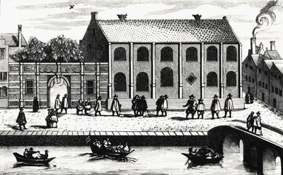 Außenansicht des Gebäudes der Universität Leiden, gegründet 1575 von Guillaume de Nassau. Gravur nach „Illustrium Hollandiae, etc, Ordinum, Alma academia Leydensis“ von Unknown artist