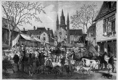 Jahrmarkt in der Bretagne auf dem Platz eines Dorfes. Gravur in "Le Monde Illustré" von Unknown artist
