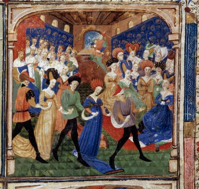 Fest am Hofe von König Artus. Königin Genievre ist von 12 Königen umgeben. Miniatur aus dem Manuskript „Der Roman der Suche nach dem Gral“ 1450-1460 Dijon. Stadtbibliothek von Unknown artist