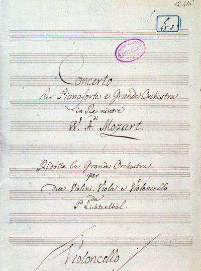Erste Seite der Partitur für Klavierkonzert und großes Orchester in d-Moll von Mozart, Lichtenthal-Version (19. Jahrhundert) von Unknown artist