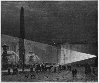 Erstes öffentliches Experiment der elektrischen Beleuchtung auf der Place de la Concorde in Paris von Deleuil und Léon Foucault im Dezember 1844. in „La Nature. Revue der Wissenschaften und ihrer Anwendungen in Kunst und Industrie.“ von Unknown artist