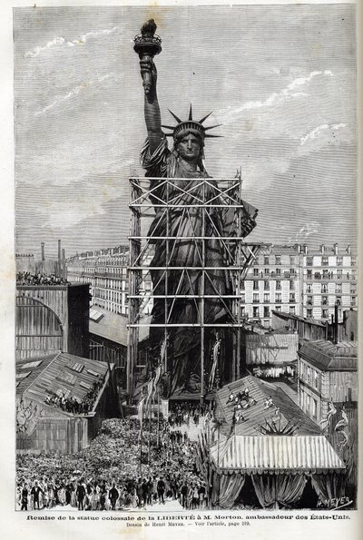 Frankreich, Paris, Übergabe der Freiheitsstatue an den US-Botschafter - Verpackung der Freiheitsstatue von Frederic Auguste Bartholdi (1834-1904) im Gerüst, um sie von Paris nach Amerika zu transportieren von Unknown artist