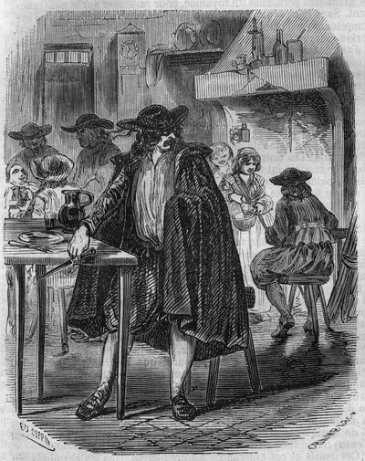 Francois Ravaillac (1578-1610), Mörder von König Heinrich IV., flieht in einem Gasthaus mit dem Messer, mit dem er Heinrich IV. treffen muss - Gravur des 19. Jahrhunderts von Unknown artist