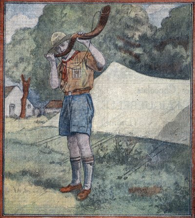 Französischer Pfadfinder, der das Sammeln in einem Lager in Ungarn signalisiert (Französischer Pfadfinder) Illustration aus „Le pelerin“ 20/8/1933 Private Sammlung von Unknown Artist