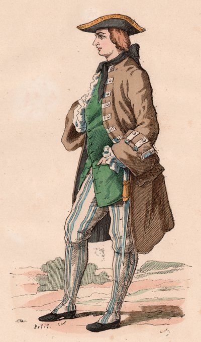 Französischer Gentleman im Jagdkostüm, mit Mantel, Weste und Dreispitz mit einem Dolch an der Seite im XVIII. Jahrhundert (Farbstich) von Unknown