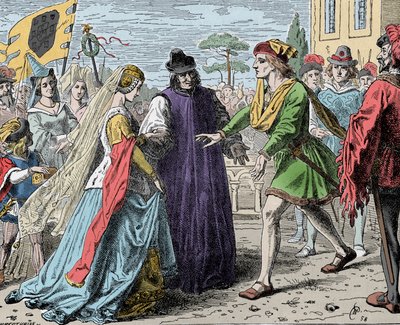 Friedrichs Empfang von Eleonore - Friedrich III. (Friedrich V. von Habsburg) (1415-1493), römischer Kaiser empfängt Eleonore von Portugal (1434-1467) von Unknown artist