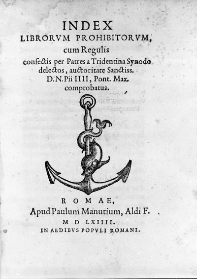Frontispiz des Index Librorum Prohibitorum (Index der verbotenen Bücher oder Index Exurgatorius), veröffentlicht in Rom 1564. Er listet Bücher auf, die römische Katholiken nicht lesen durften. von Unknown artist