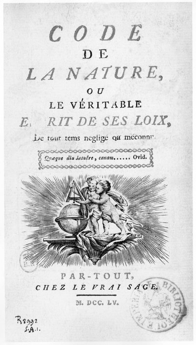Frontispiz des „Code la Nature“: Engel mit einem Globus - Gravur von Unknown artist
