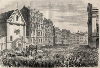 Begräbnis von Kaiser Maximilian I. von Mexiko (1832-1867): Ankunft des Trauerzugs vor der Kapuzinerkirche in Wien. Gravur in „L