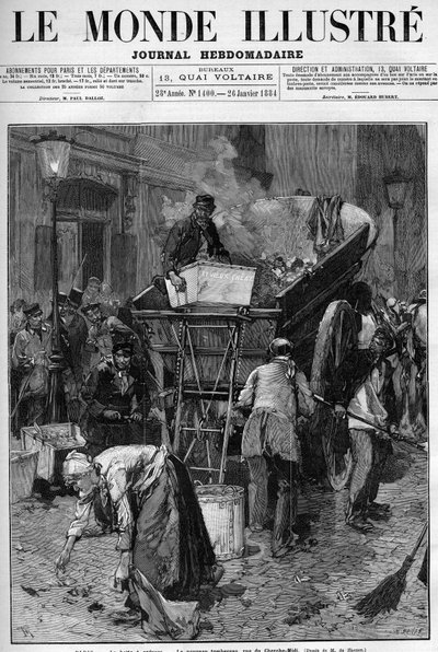 Mülltonne, der neue Lastwagen in der Rue du Cherche Midi (Cherche-Midi) in Paris. Männer und Frauen sammeln Abfall auf einer Straße in Paris, um ihn in einen Wagen zu werfen und so das Leben zu reinigen. Gravur in „Le Monde Illustré“ von Unknown artist