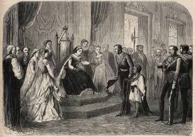 General Robert Cornelis Napier (1810-1890) stellte Leul Alemayehou Tewodros (1861-1879), den Sohn des äthiopischen Negus Theodoros II., Königin Victoria I. vor. Gravur in „L