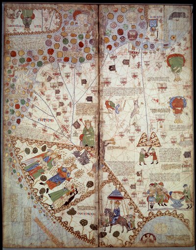 Geografische Karte: China, Ganges-Tal, Sumatra, Ceylon. Katalanischer Atlas (Katalanische Karte) (Spanien). Manuskript von 1375 (Folio 2v - Folio 3) von Unknown artist